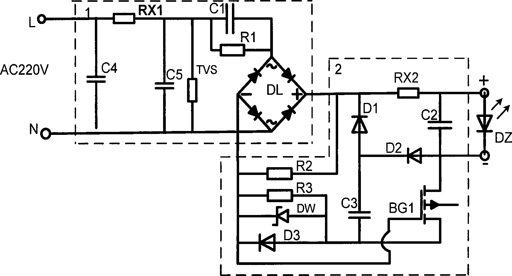 Non-polar capacitor voltage reducing and dividing rectification linear light-emitting diode (LED) driving circuit
