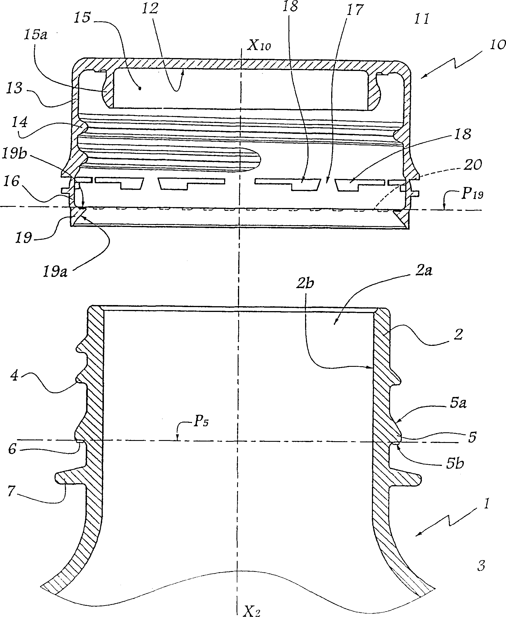 Closure device, neck compatible with said device and container comprising such a neck closed by said device