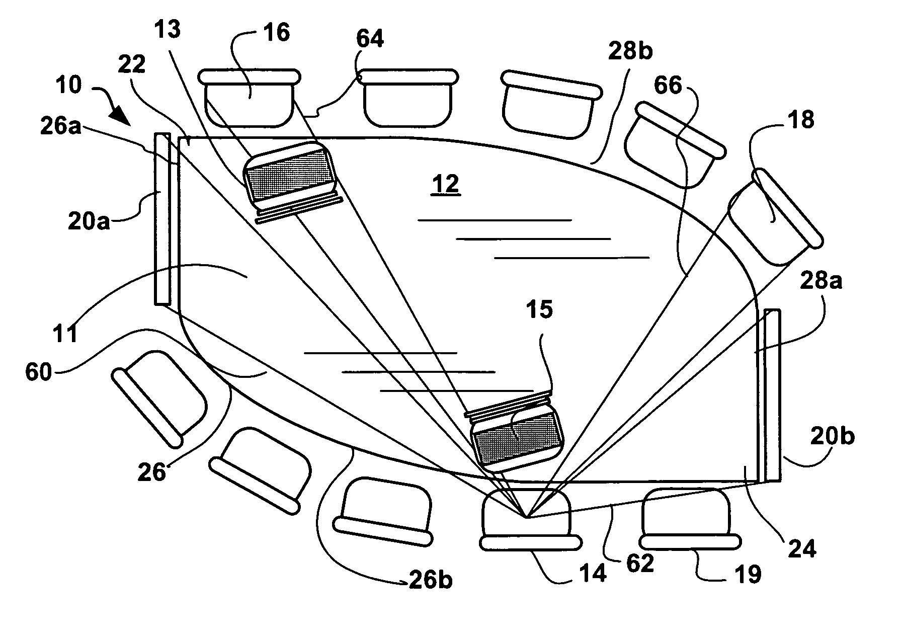 Multi-use conferencing space, table arrangement and display configuration