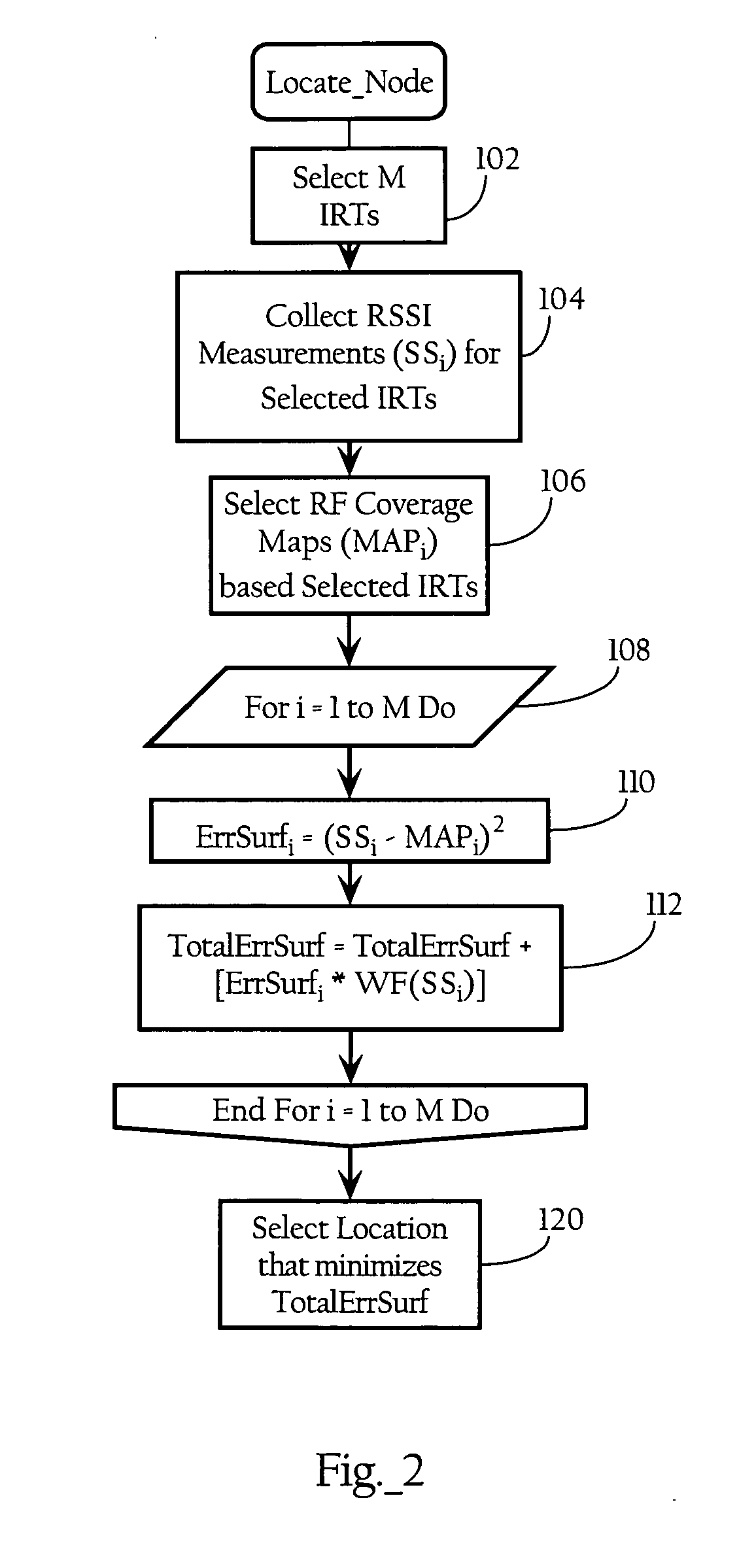 Location of wireless nodes using signal strength weighting metric