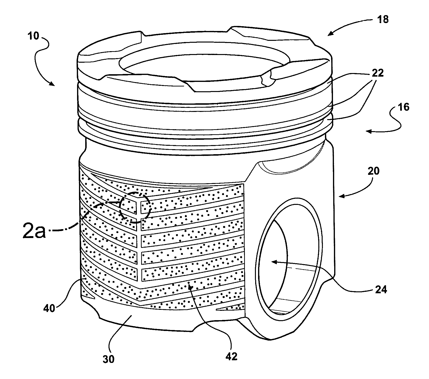 Piston having a patterned coating and method of applying same