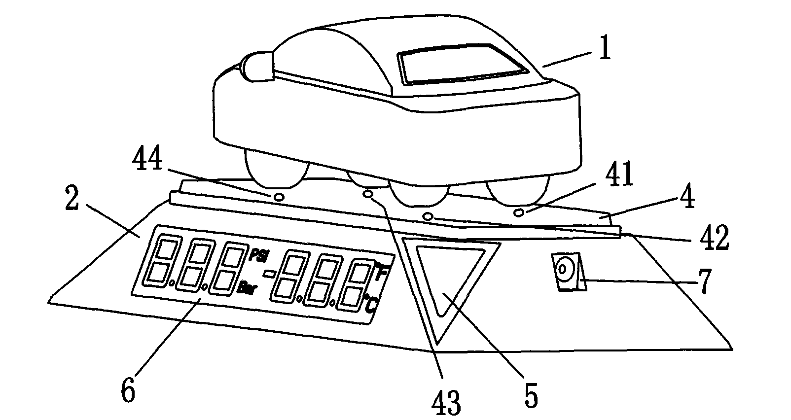 Vehicle tyre pressure monitoring and alarm device displayed by vehicle model