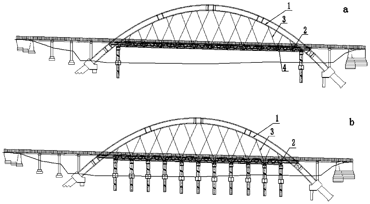 Beam bridge system reinforcing device and method for boom arch bridge