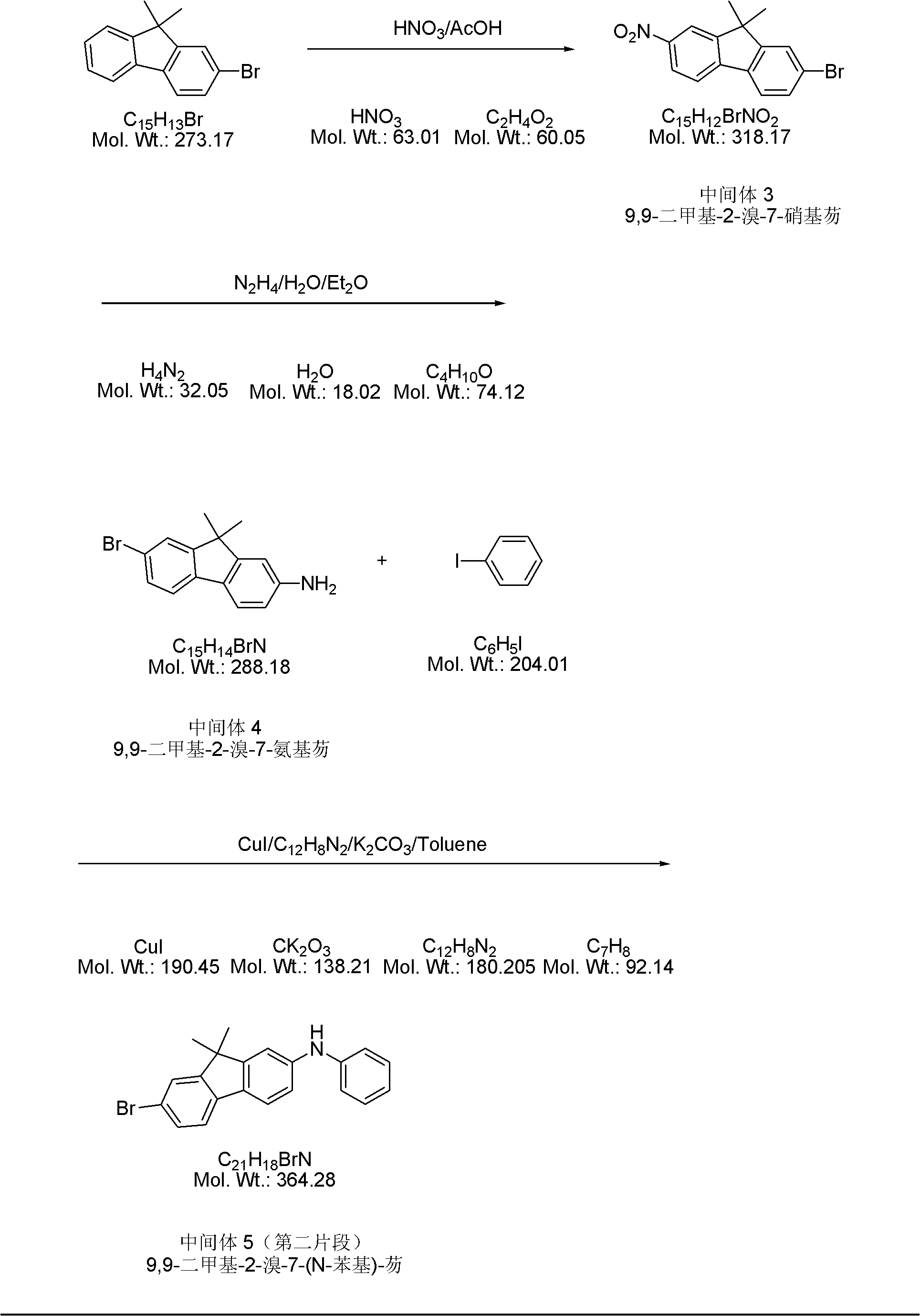 Method for synthesizing N,N'-diphenyl-N-(9,9-dimethyl-2-fluorenyl)-N'-(9',9'-dimethyl-7'-bromo-2'-fluorenyl)-benzidine