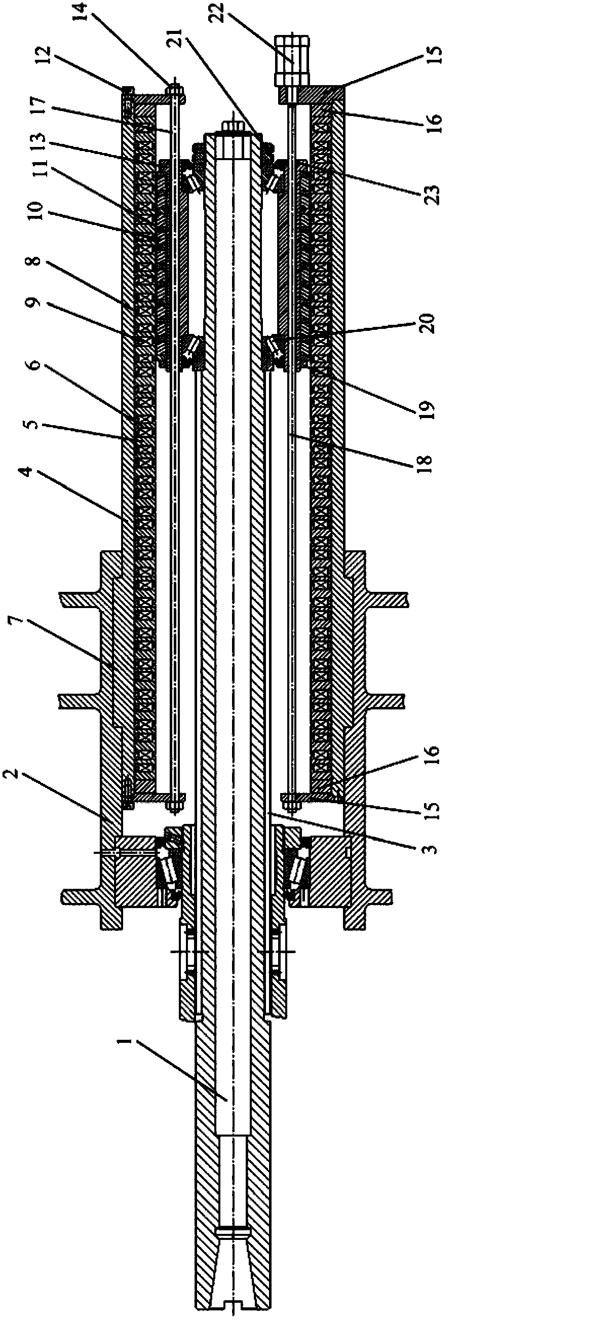 Cylindrical linear motor with ring gears of different widths for axial feed