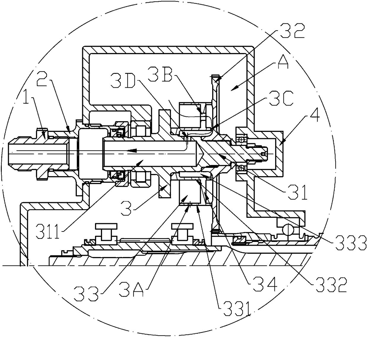 Axial center ventilation structure of bearing cavity and gas turbine engine with the structure