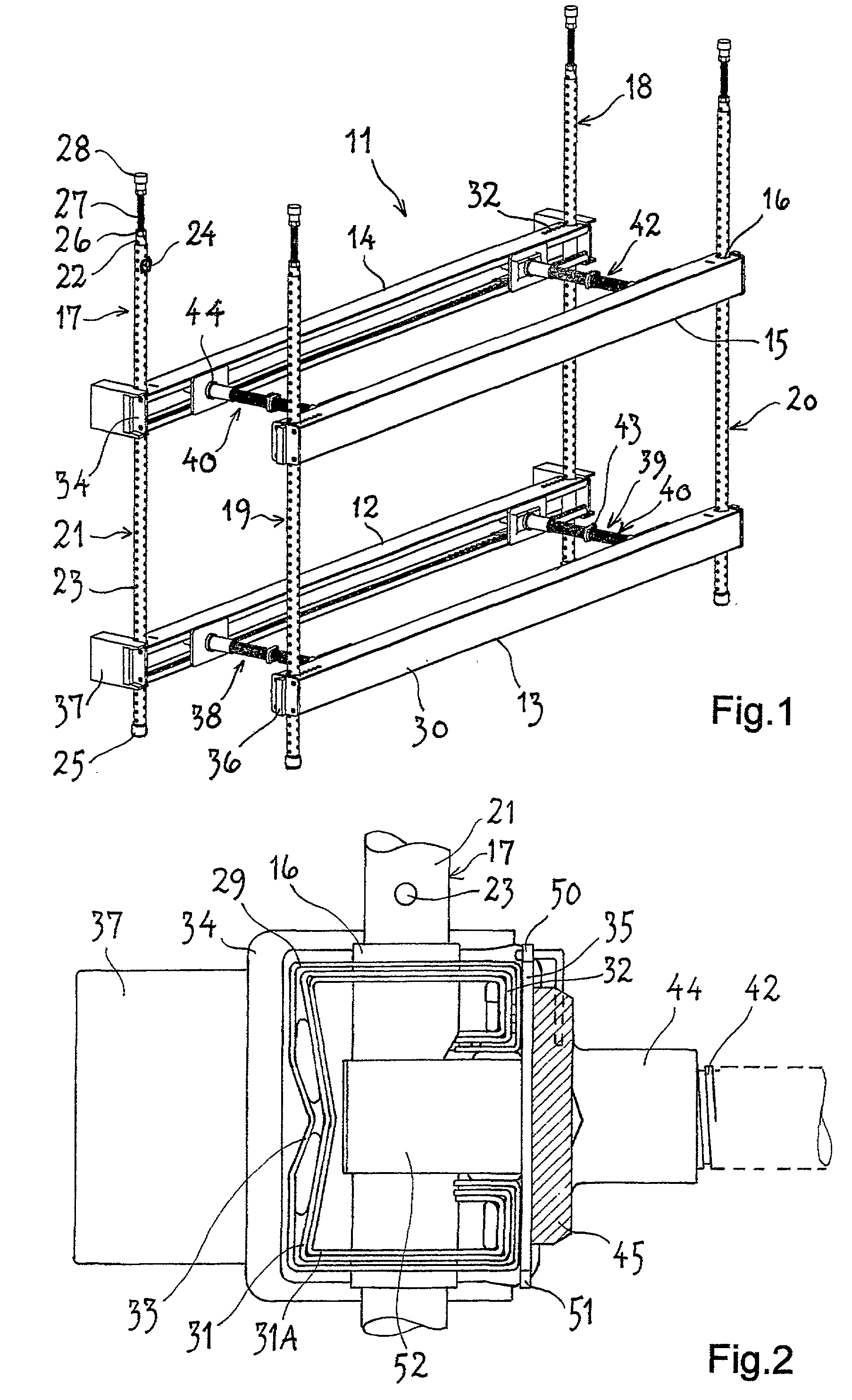 Building system for support device for goods carriers
