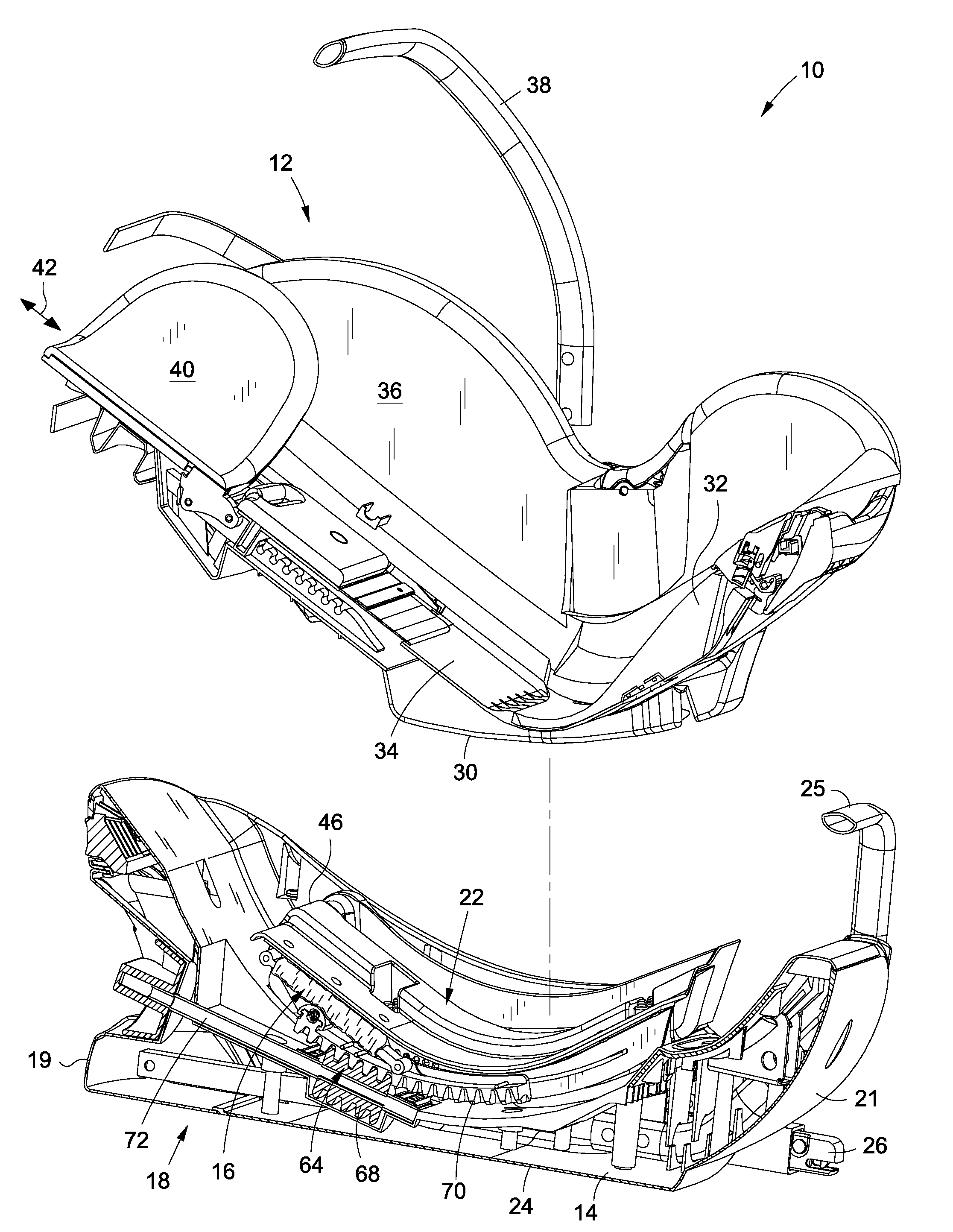 Rear facing ride down safety seat