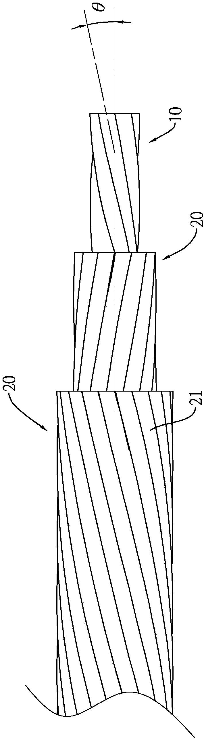 High-dip-angle inside and outside reverse two-for-one twisting string and manufacturing method thereof