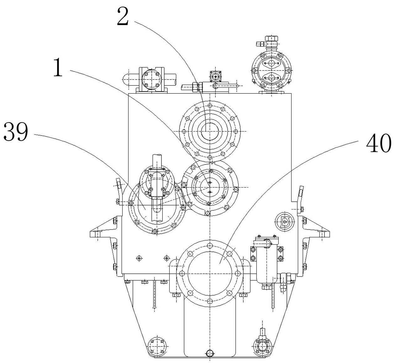 Gearbox with reversing, ahead running, clutching and full-power PTO (Power Take Off) output functions for ship