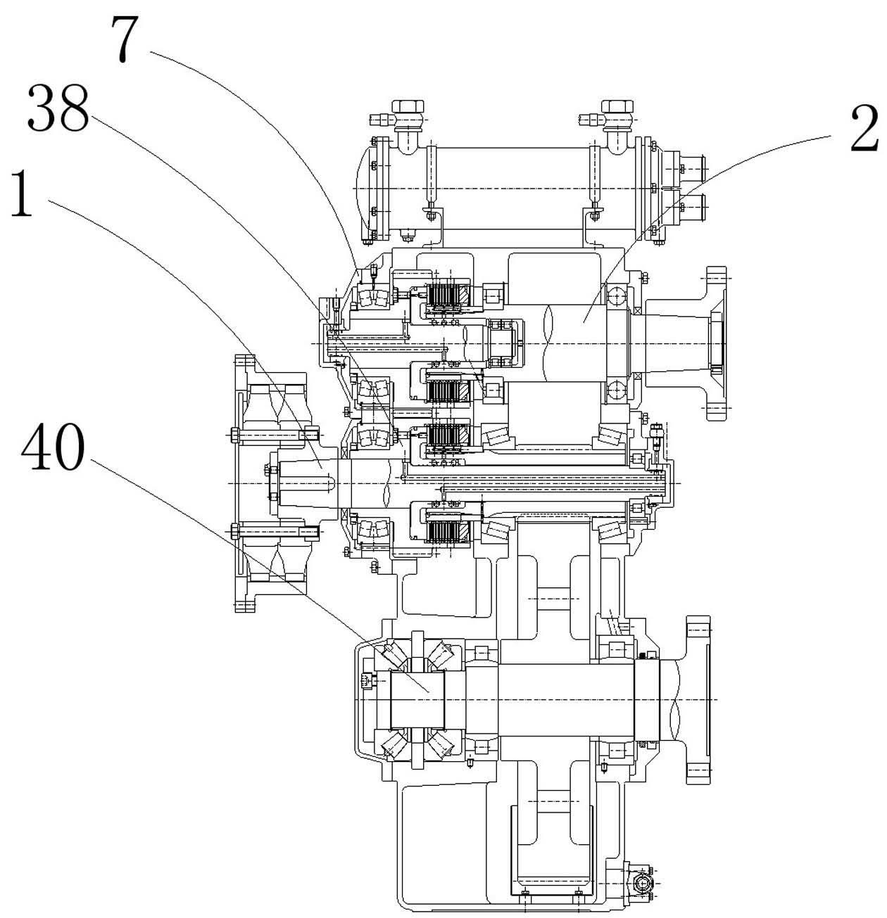 Gearbox with reversing, ahead running, clutching and full-power PTO (Power Take Off) output functions for ship
