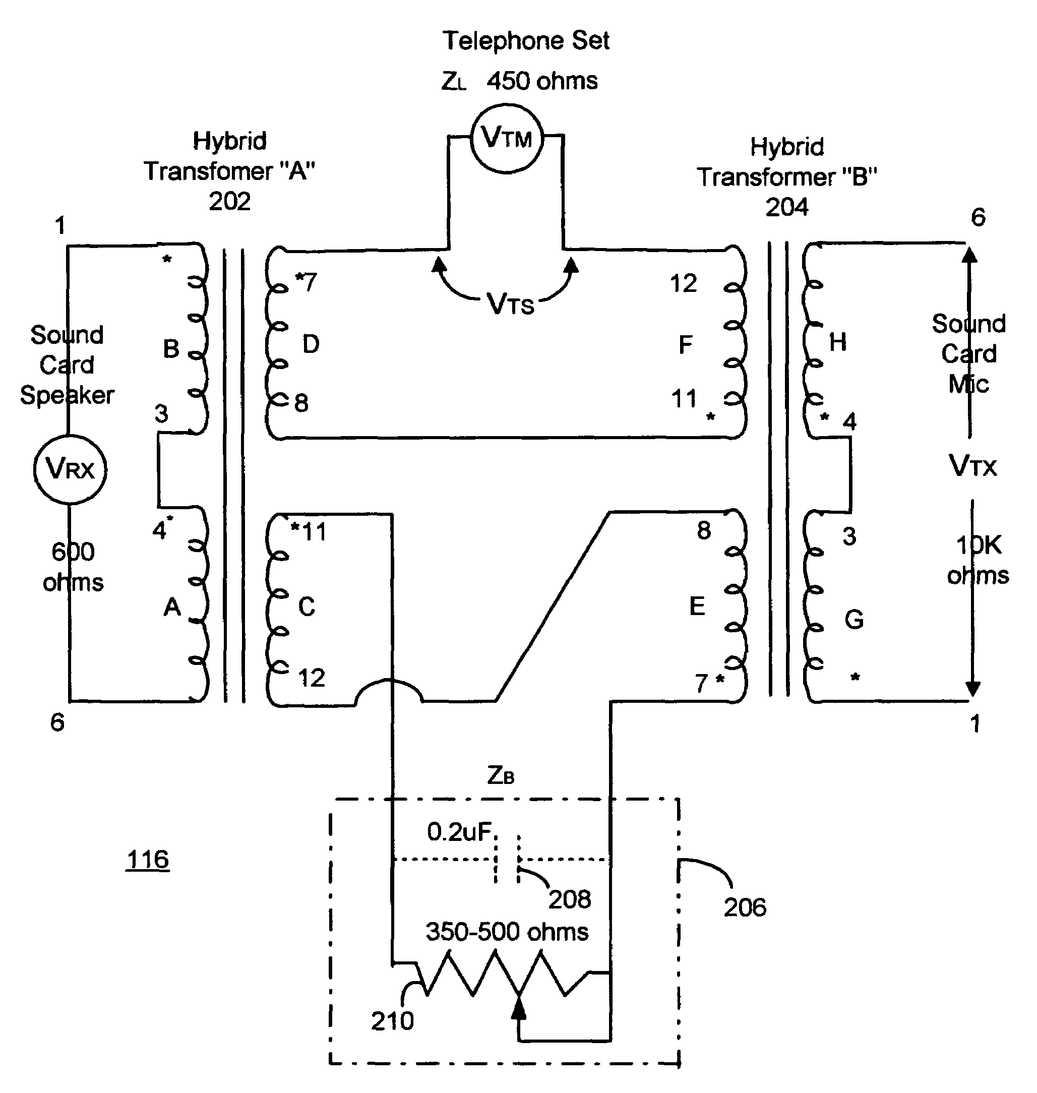 Cordless telephone-to-sound card interface adapter having a hybrid transformer circuit