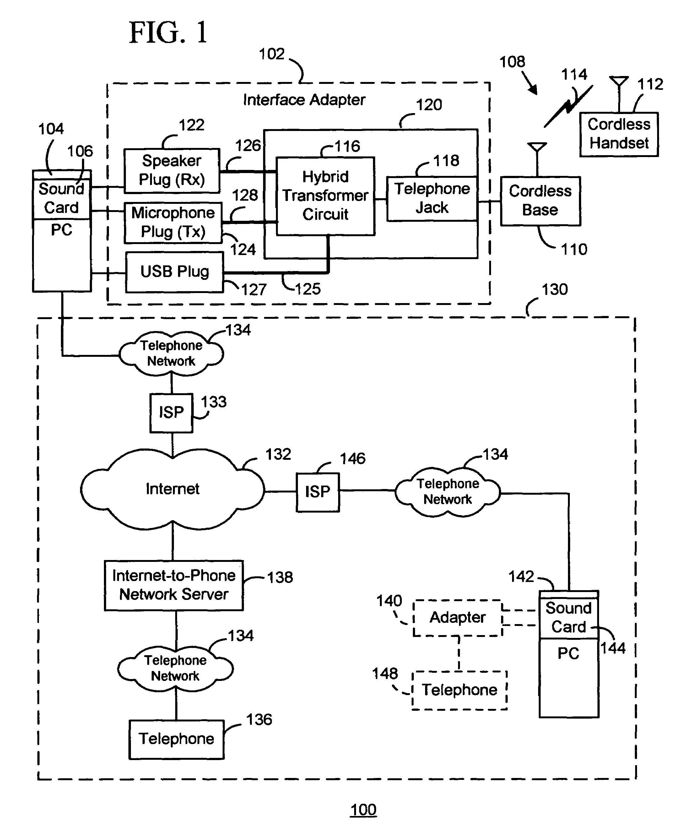 Cordless telephone-to-sound card interface adapter having a hybrid transformer circuit