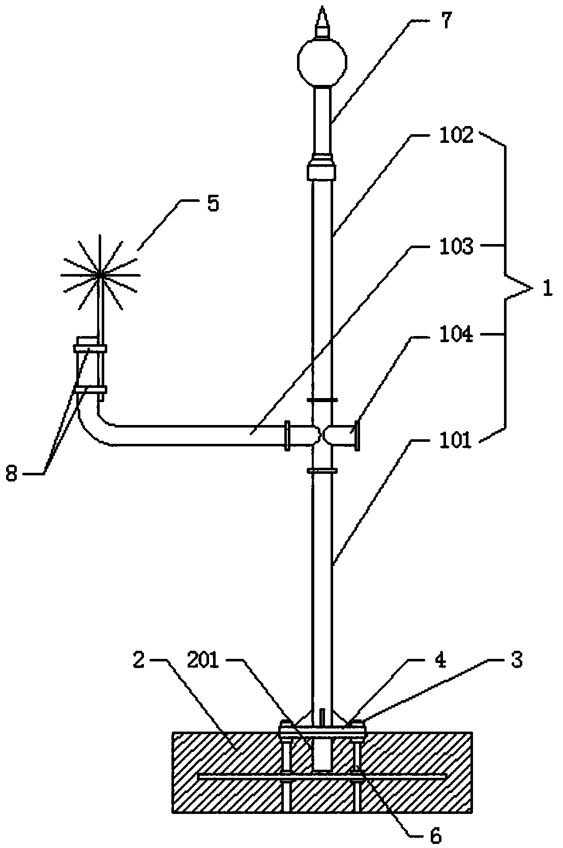 Standing pole support for outdoor interception antenna and mounting method of outdoor interception antenna