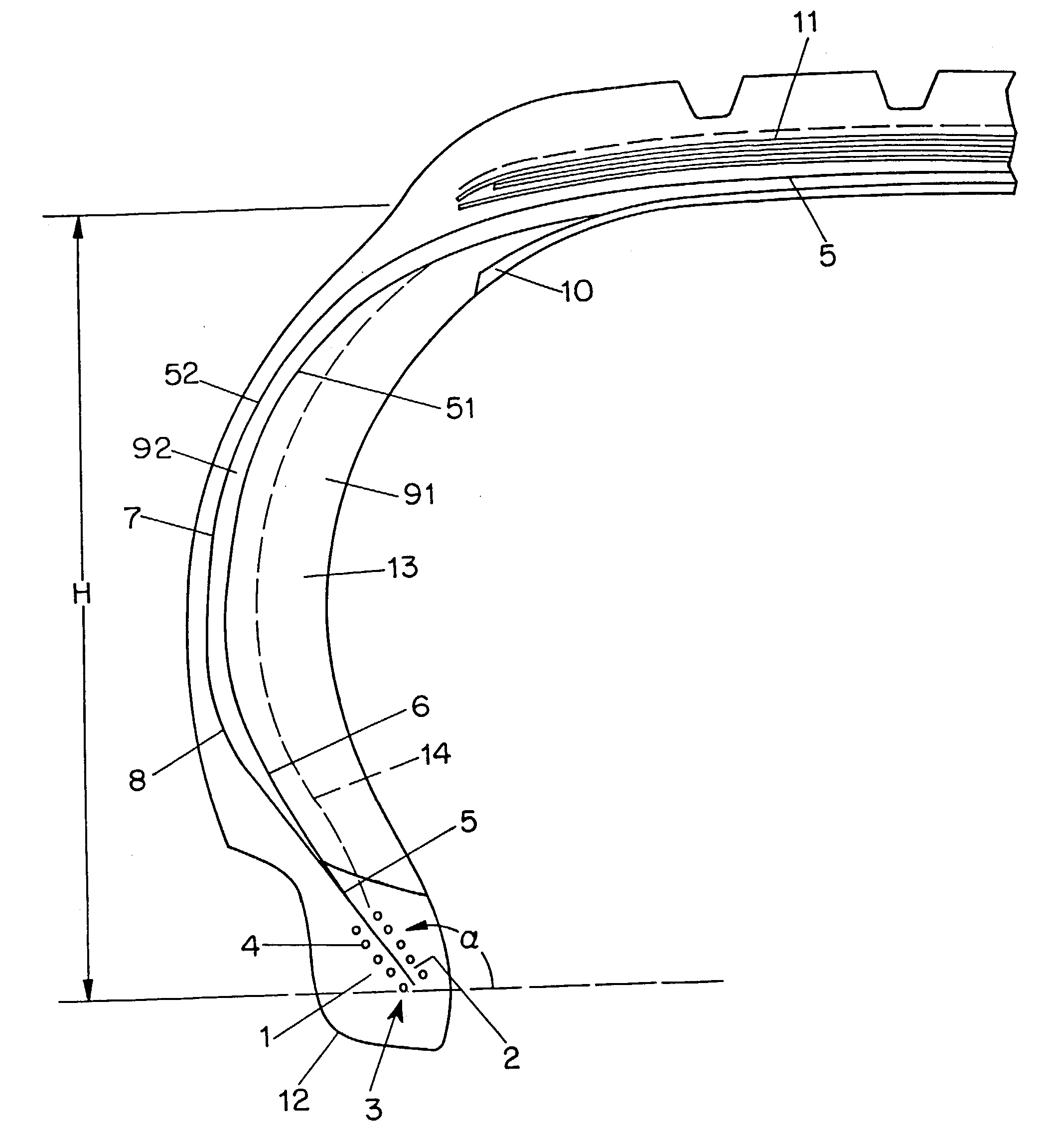 Tire having more carcass layers in sidewall than in bead