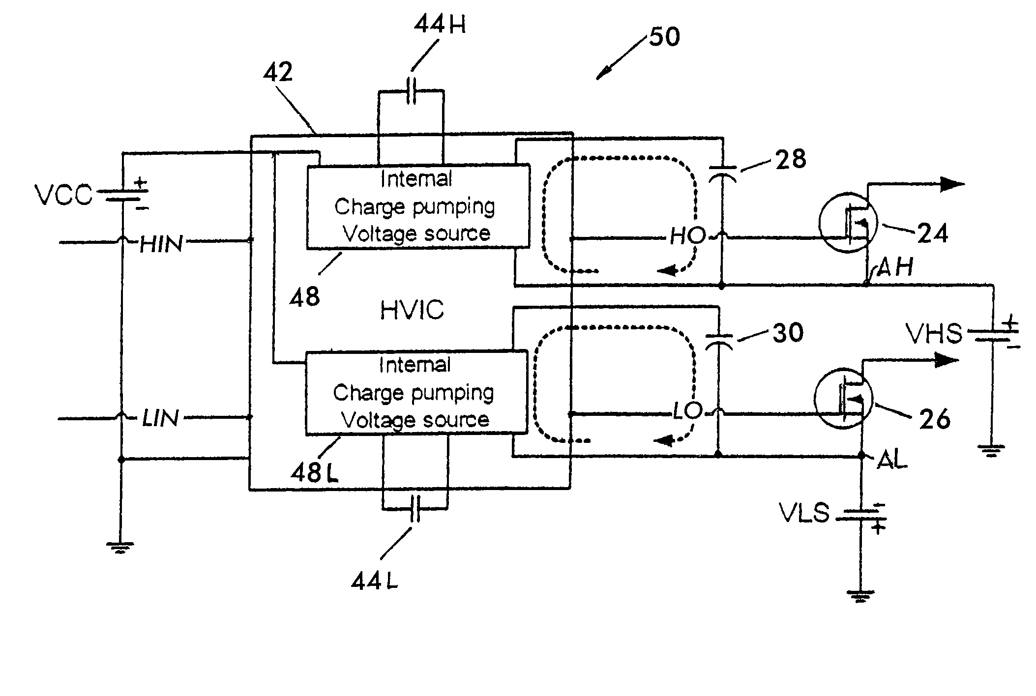 High voltage gate driver IC (HVIC) with internal charge pumping voltage source