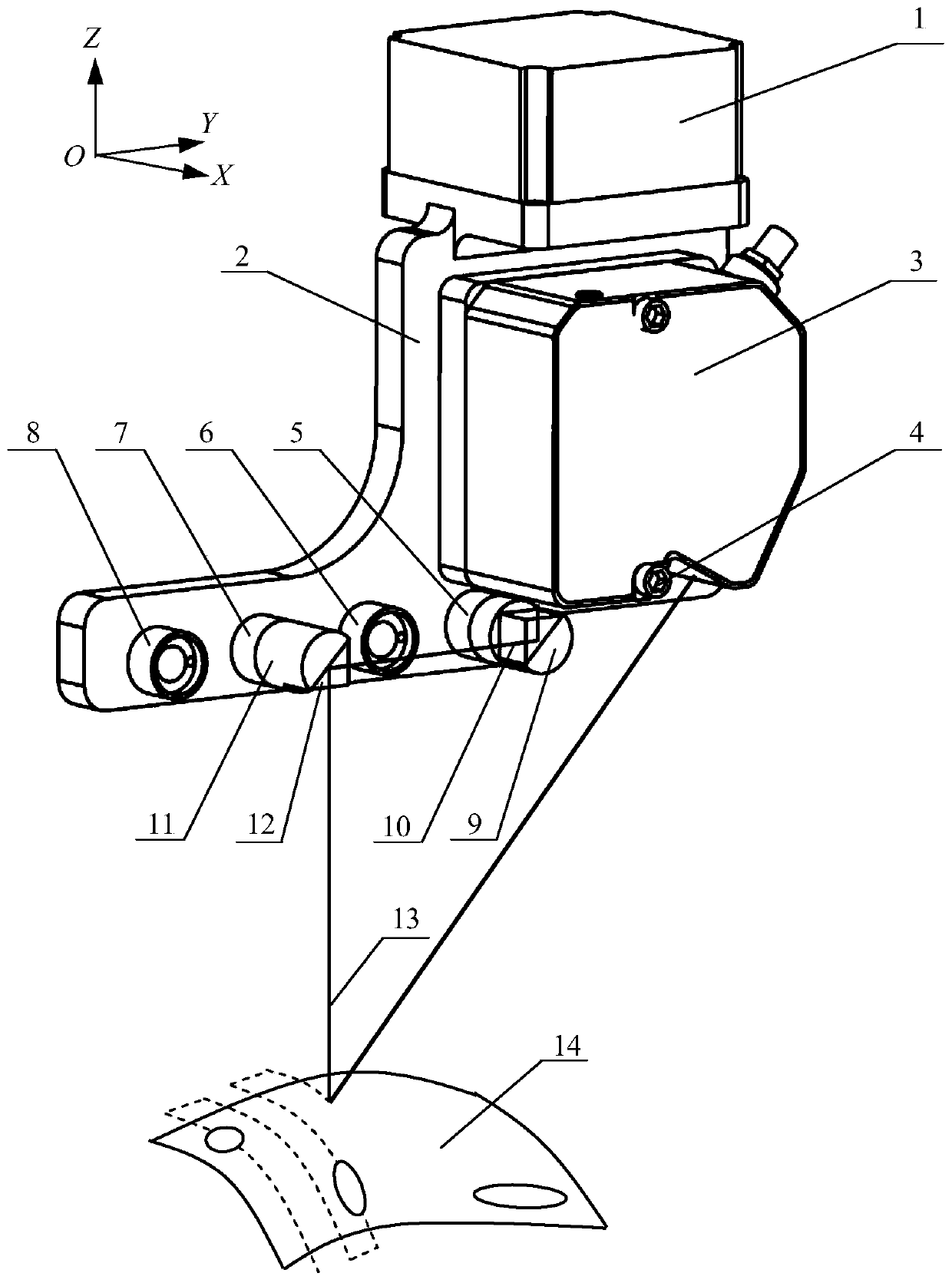 A laser measuring head device with variable measuring range and its curved surface measuring method