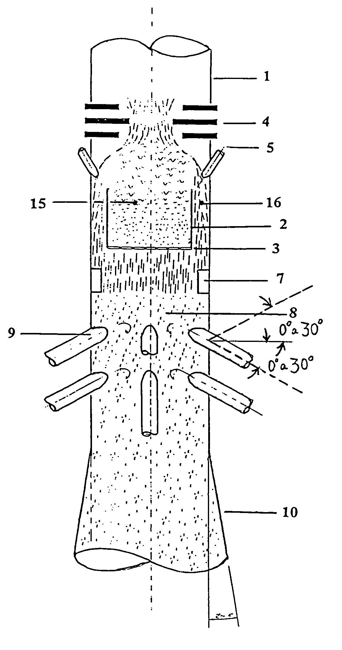 Multifunctional entry device for a downward flow tube reactor