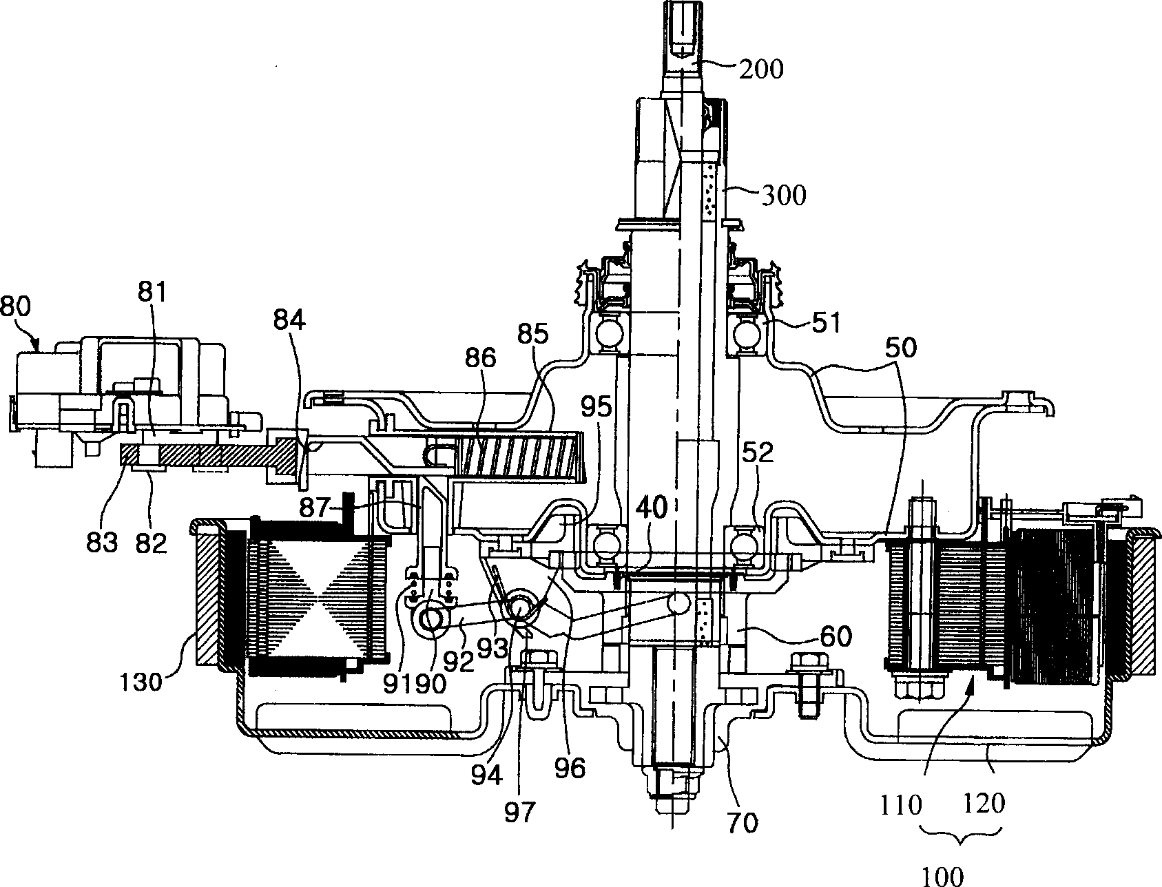 Electric machine structure of washing machine for lowering noise and reducing vibration
