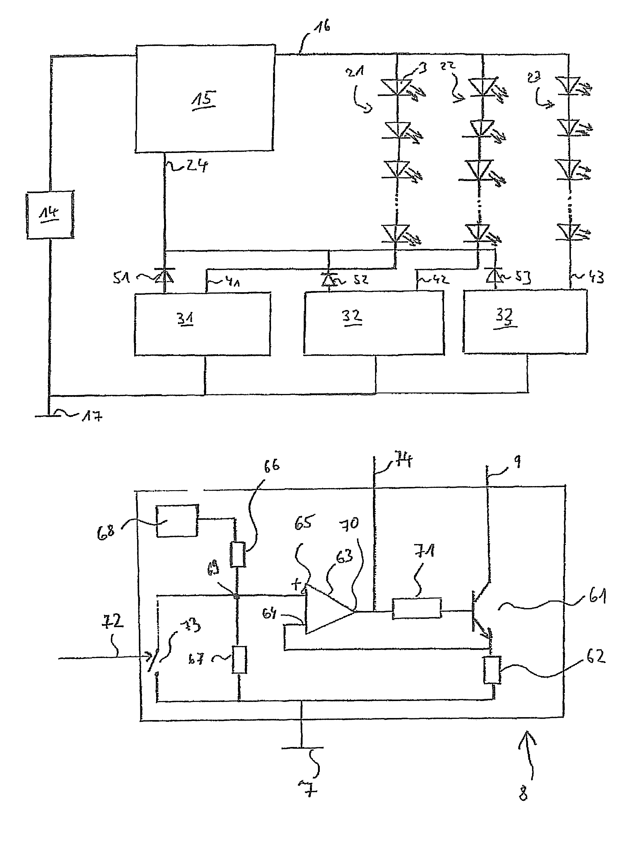 Drive device and method for operating at least one series circuit of light-emitting diodes