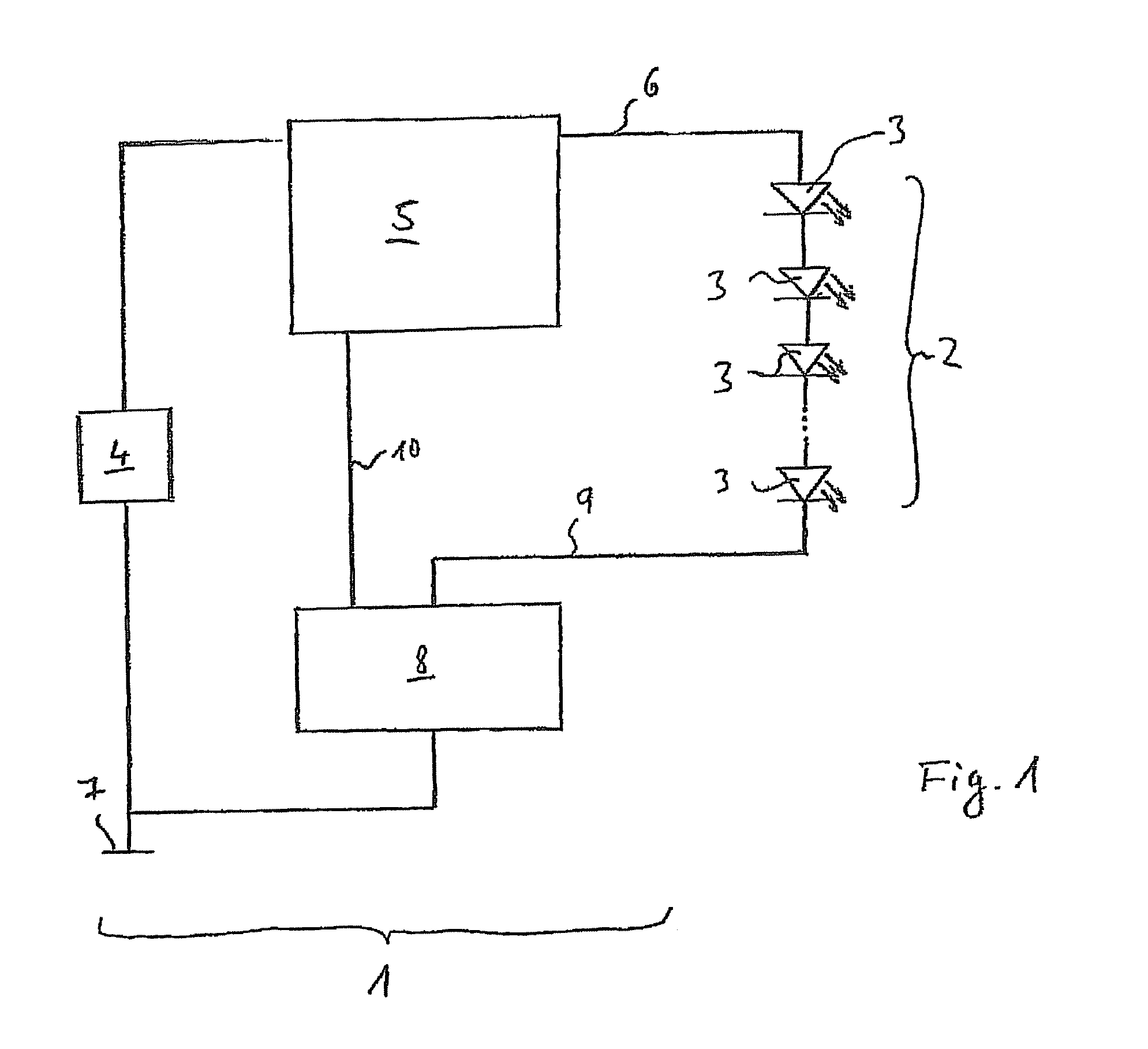 Drive device and method for operating at least one series circuit of light-emitting diodes