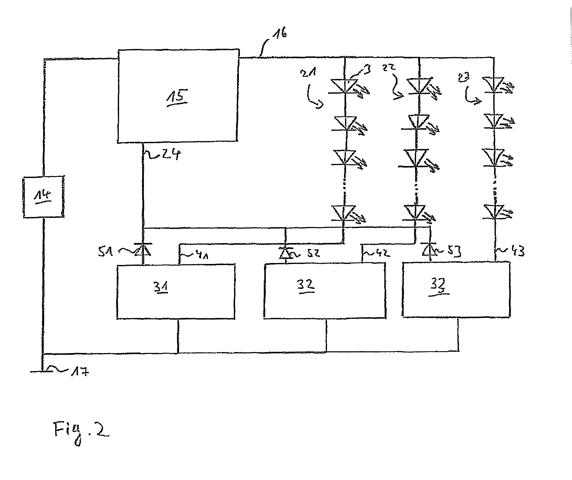 Drive device and method for operating at least one series circuit of light-emitting diodes