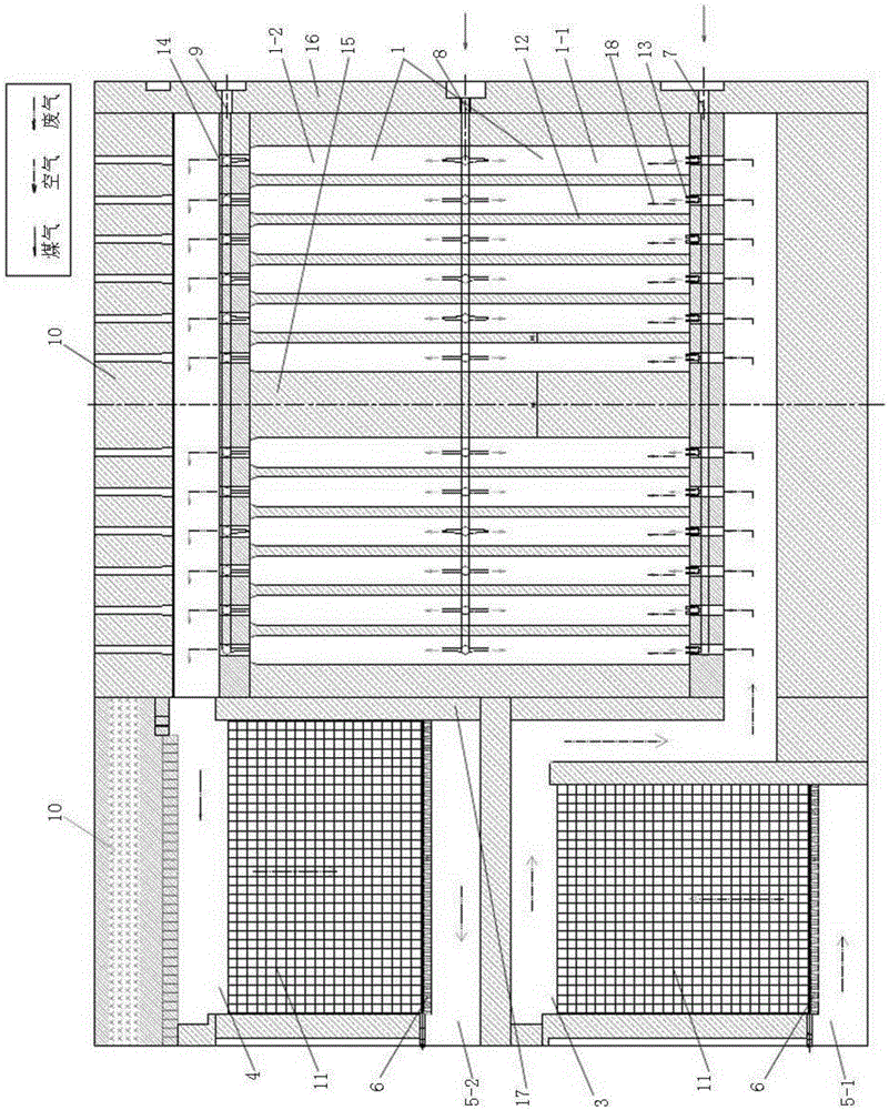 Vertical furnace with sectional heating combustion chamber and heating method of vertical furnace
