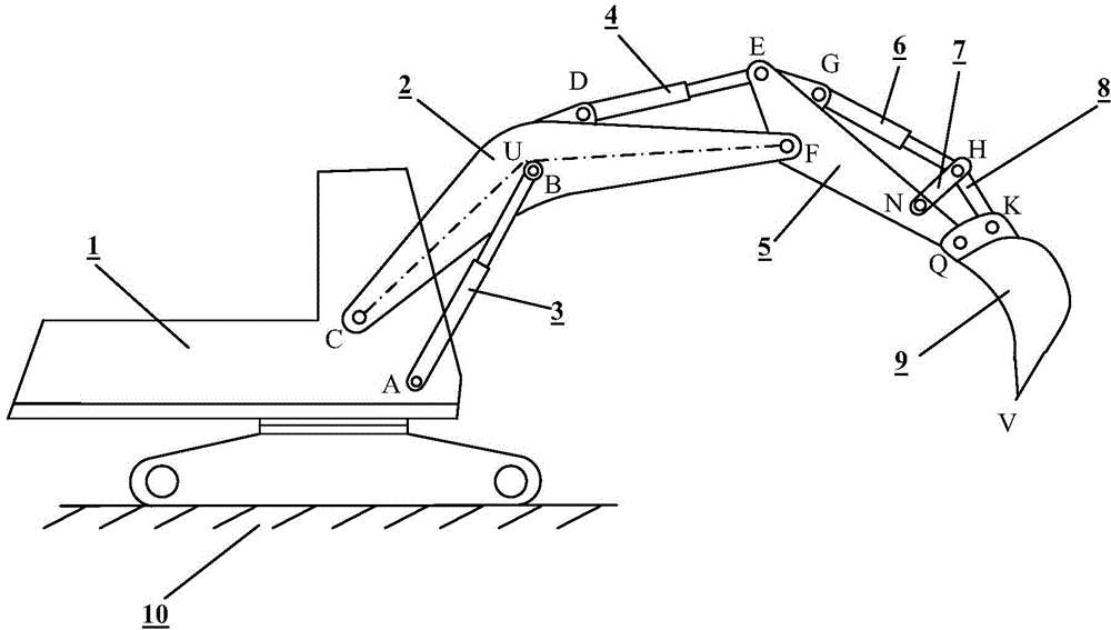 Design method for hinge points of pullshovel working device of monobucket hydraulic excavator