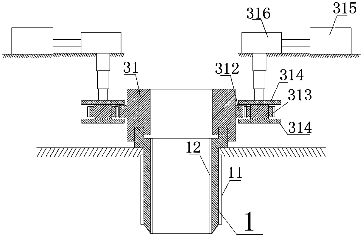 Screw pile lowering device applying force through ground, and pile lowering method