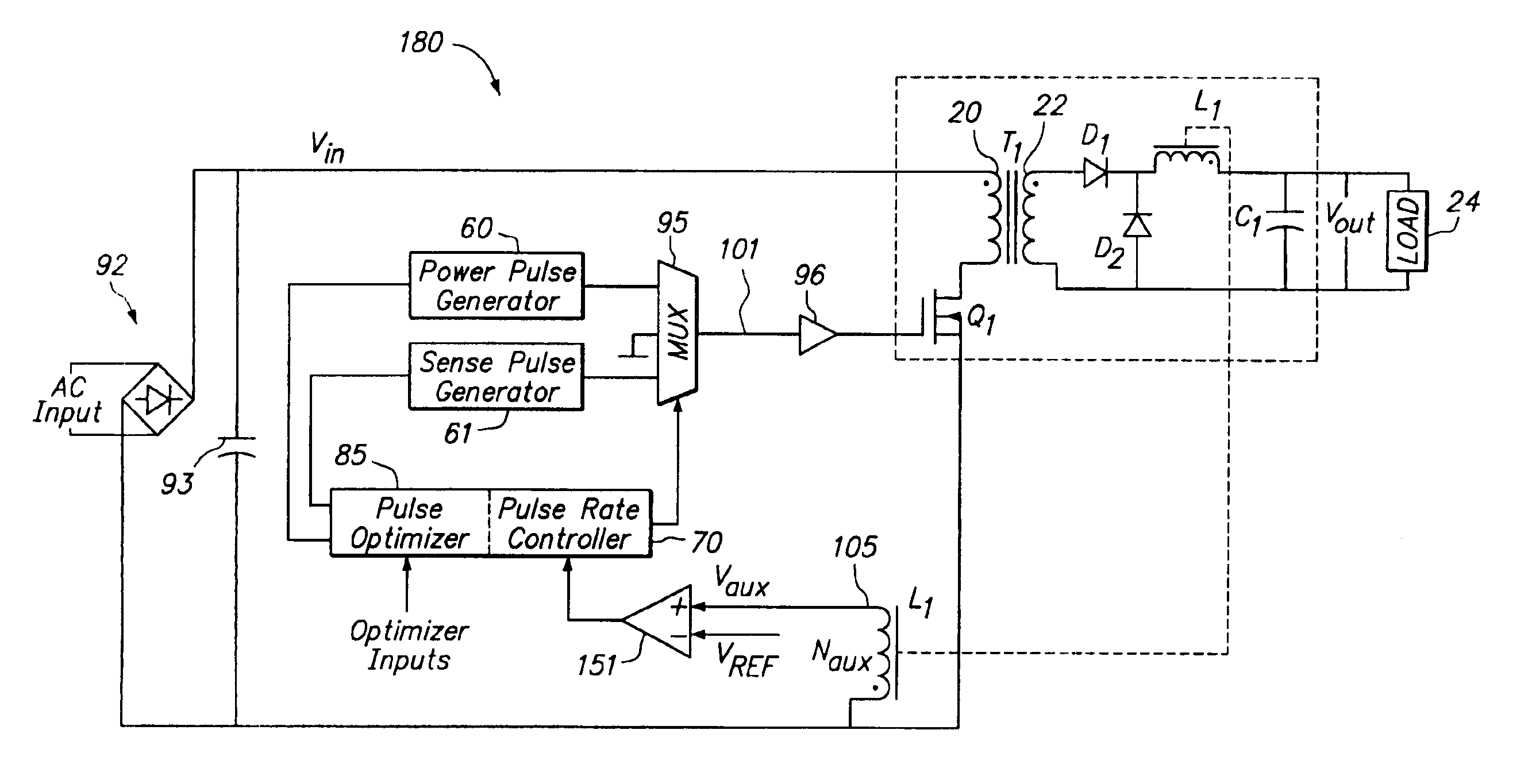 Method of driving a power converter by using a power pulse and a sense pulse