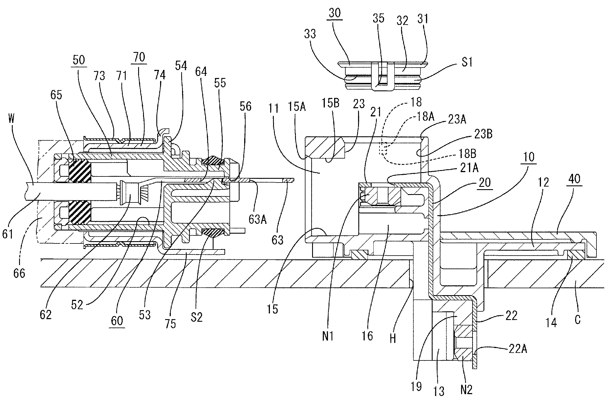 Device connector with mating terminals bolted together