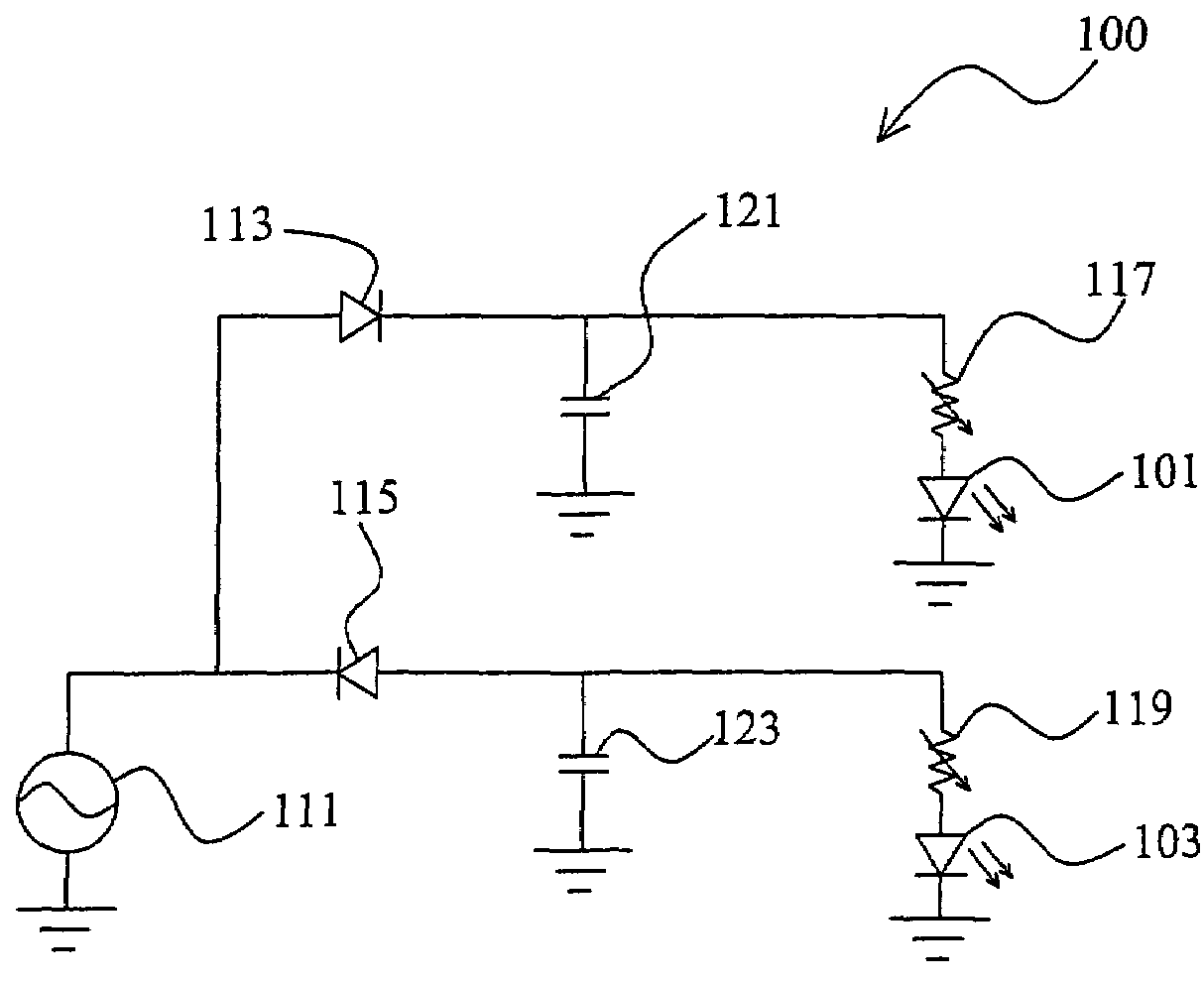 Light emitting device with at least two alternately driven light emitting diodes