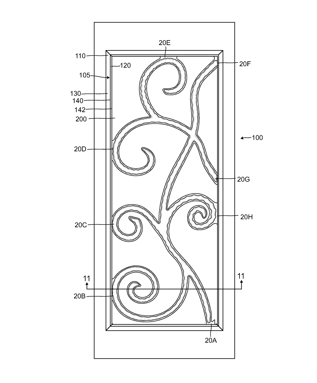 Decorative garage door insert simulating wrought iron but made of specially coated plastic