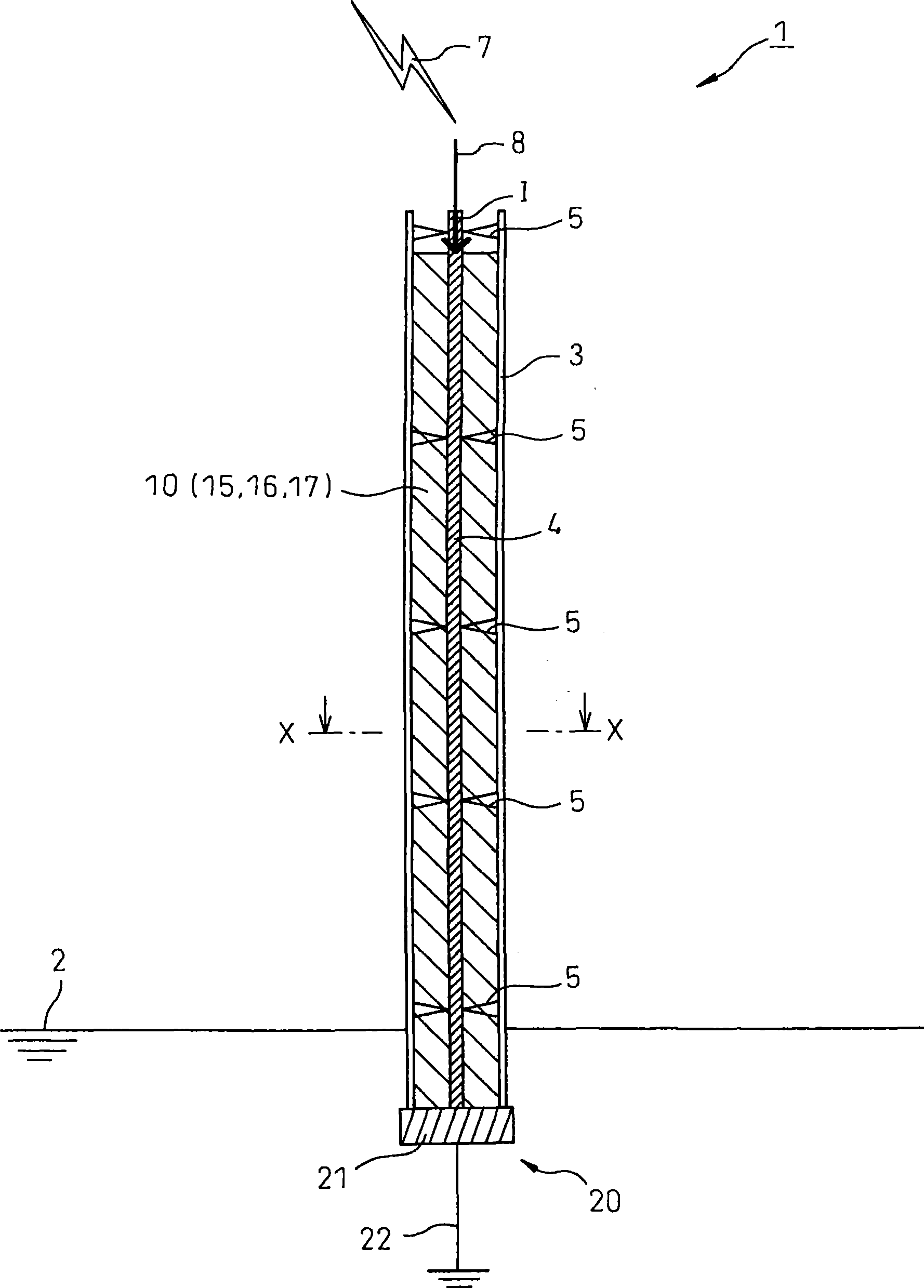 Lightning arrester, structure pillar having lightning arresting function, and reduction method of lightning surge voltage