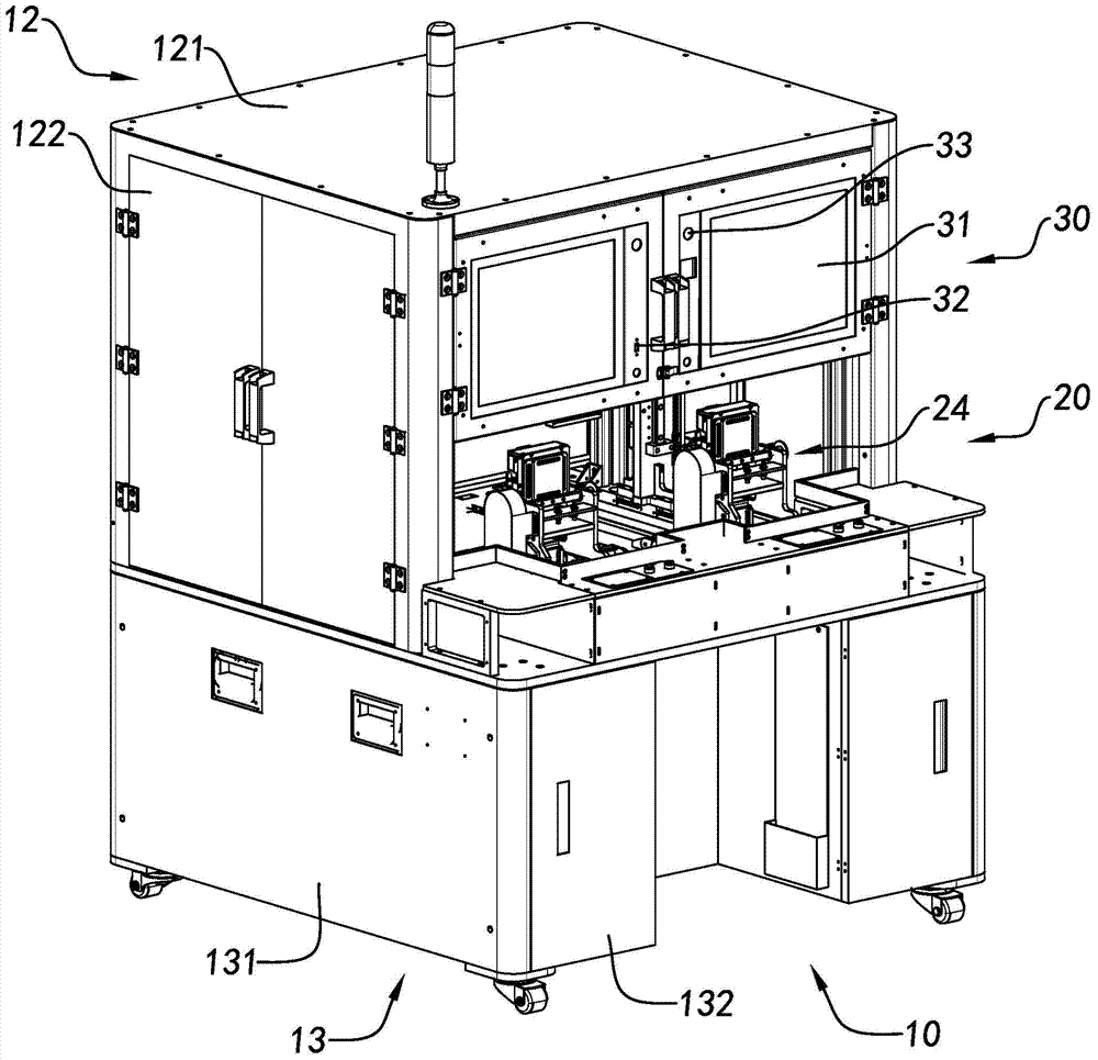 Device and detection method for detecting camera module along the horizontal direction