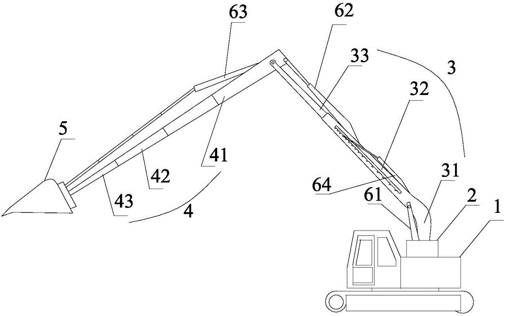 Excavator with long acting arm