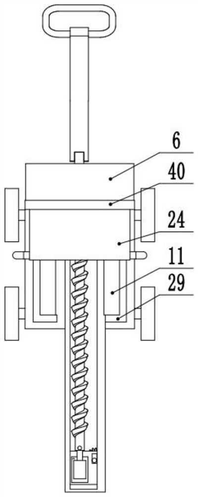 A drilling device for blasting and a segmented blasting method for one-time forming of an inclined chute