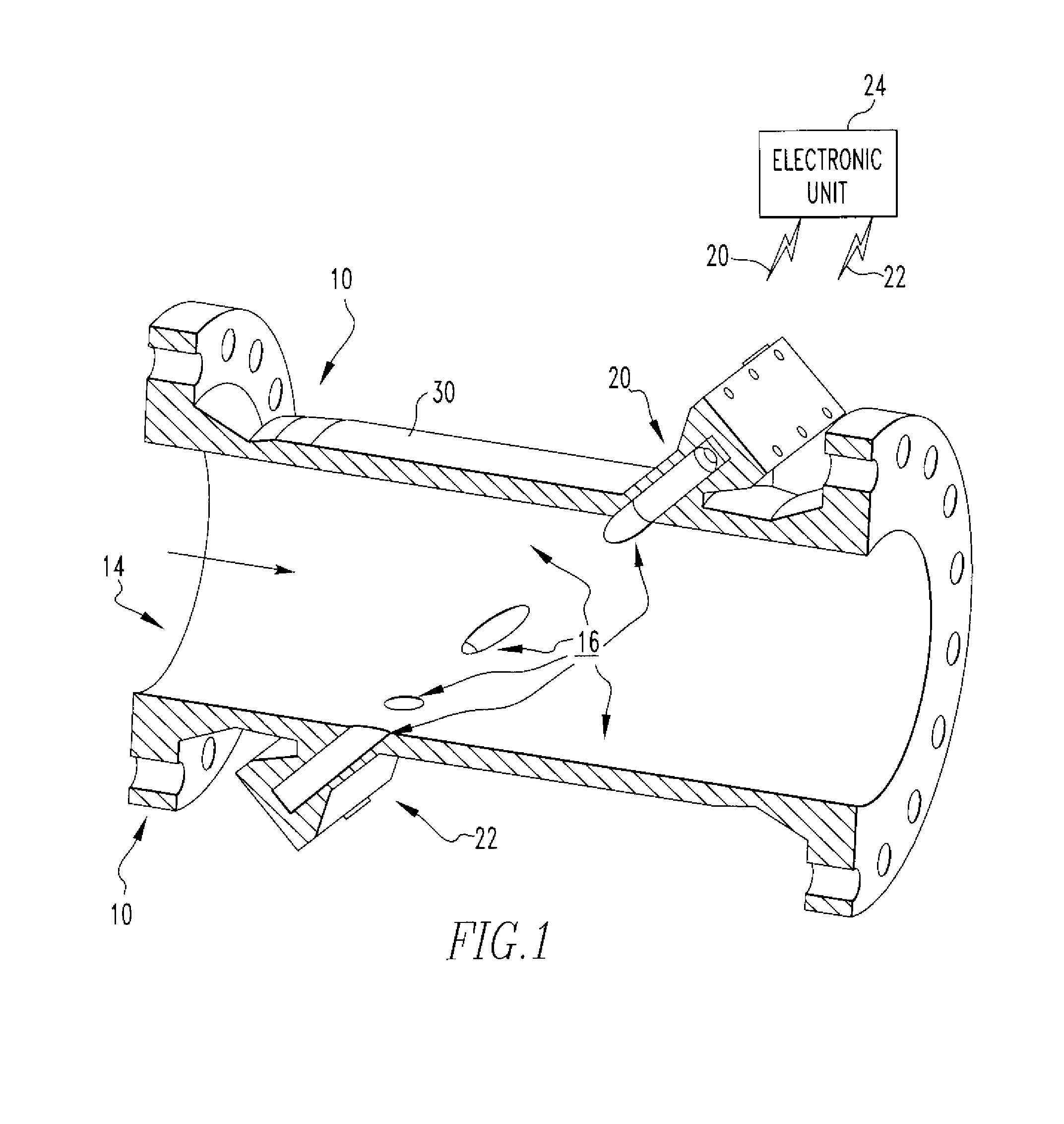 Ultrasonic flowmeter with internal surface coating and method