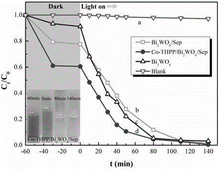 Preparation method of meerschaum-loaded porphyrin-sensitized Bi2WO6 visible light-driven photocatalyst