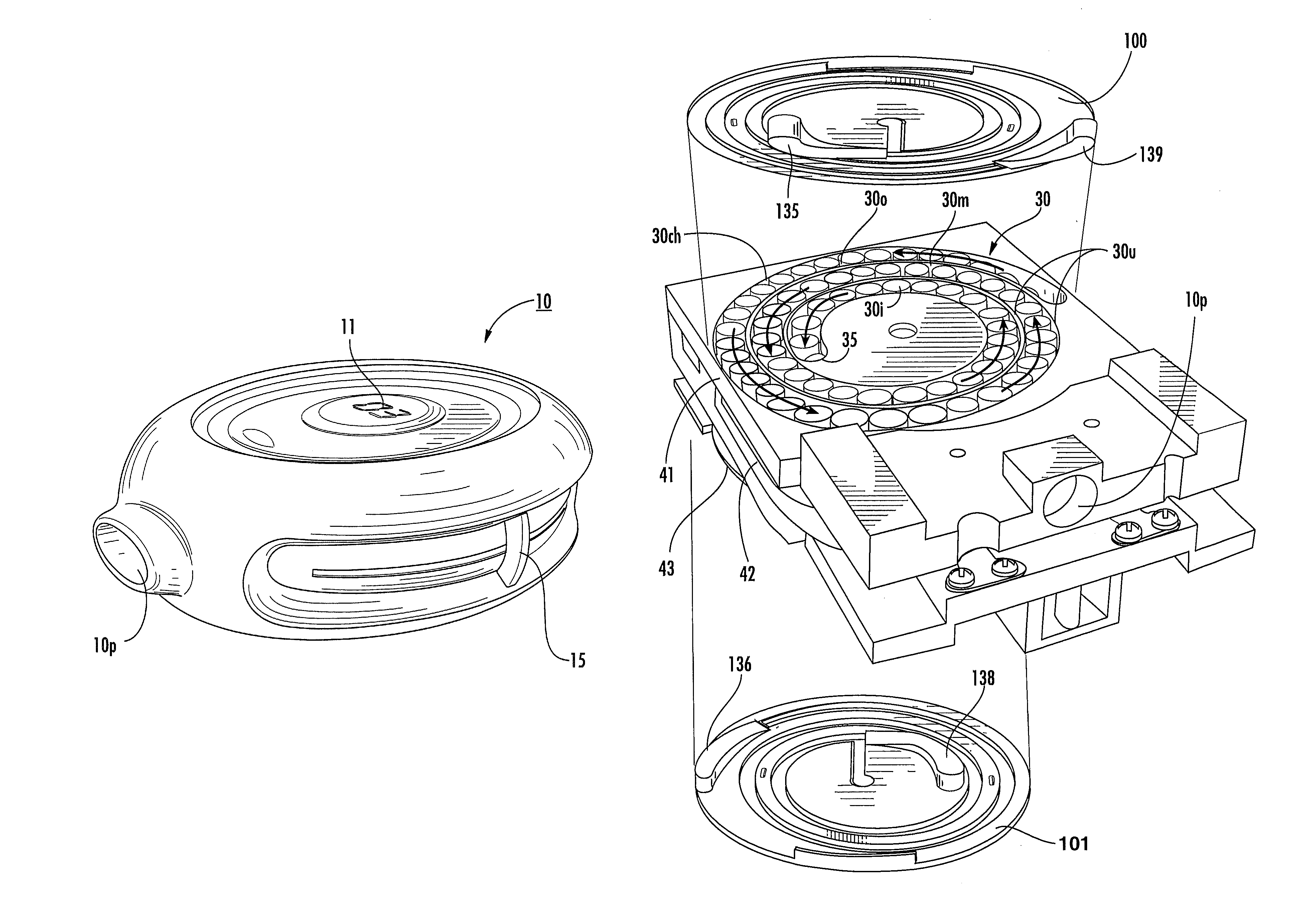 Dry powder inhalers having spiral travel paths, unit dose microcartridges with dry powder, related devices and methods