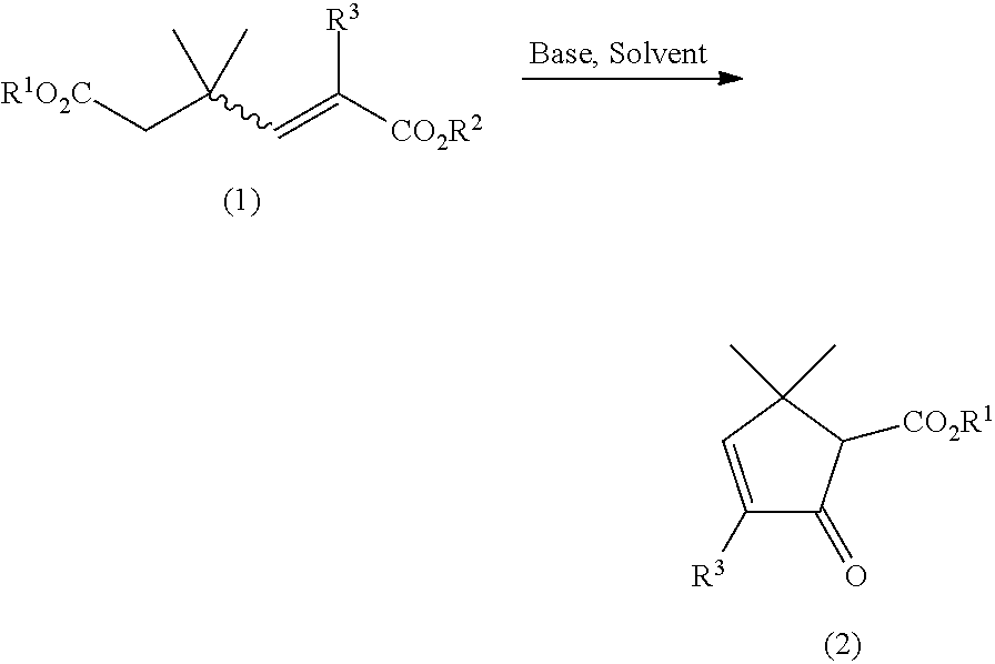 Processes for preparing 5,5-dimethyl-2-oxo-3-cyclopentene-1-carboxylate compounds and 3,5,5-trimethyl-2-oxo-3-cyclopentene-1-carboxylate compounds from 3,3-dimethyl-1-butene-1,4-dicarboxylate compounds and 1,3,3-trimethyl-1-butene-1,4-dicarboxylate compounds, and 1,3,3-trimethyl-1-butene-1,4-dicarboxylate compounds
