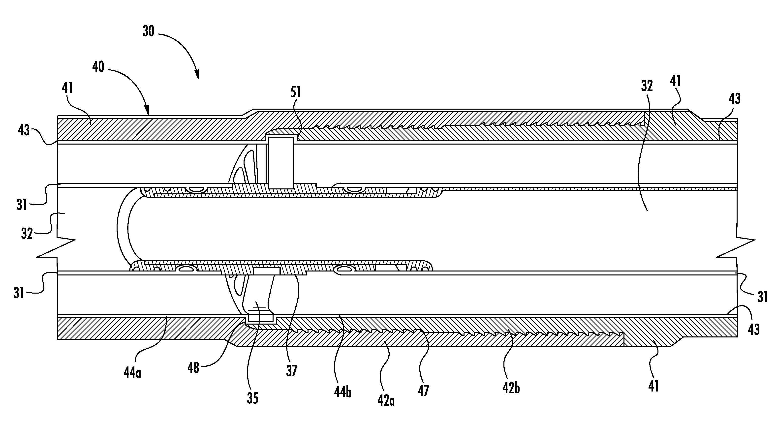 RF coaxial transmission line having a two-piece rigid outer conductor for a wellbore and related methods