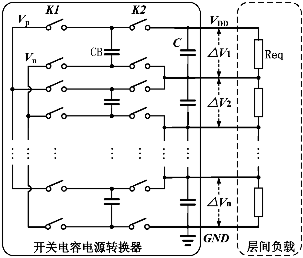 Multi-output switched capacitor converter applicable for multi-layer stacked loads