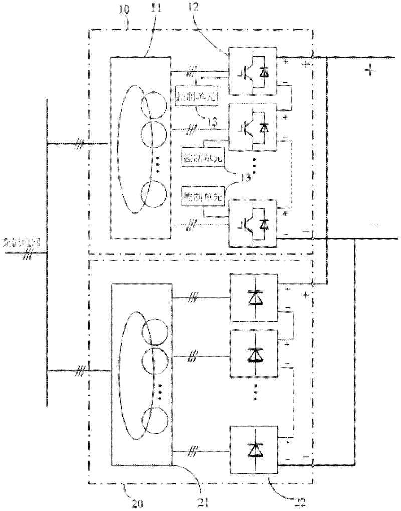 Hybrid parallel type high-voltage direct current traction power supply current transformer and control method thereof