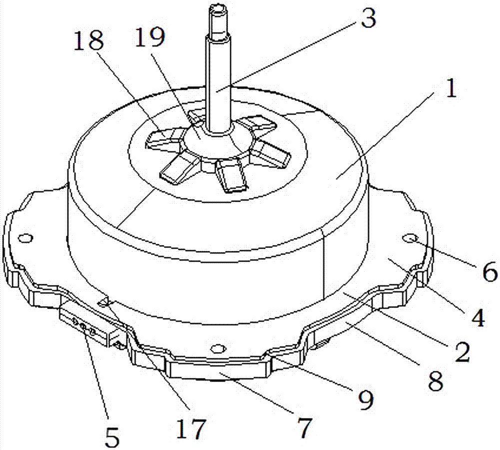 Plastic-packaged outer rotor motor with mounting feet