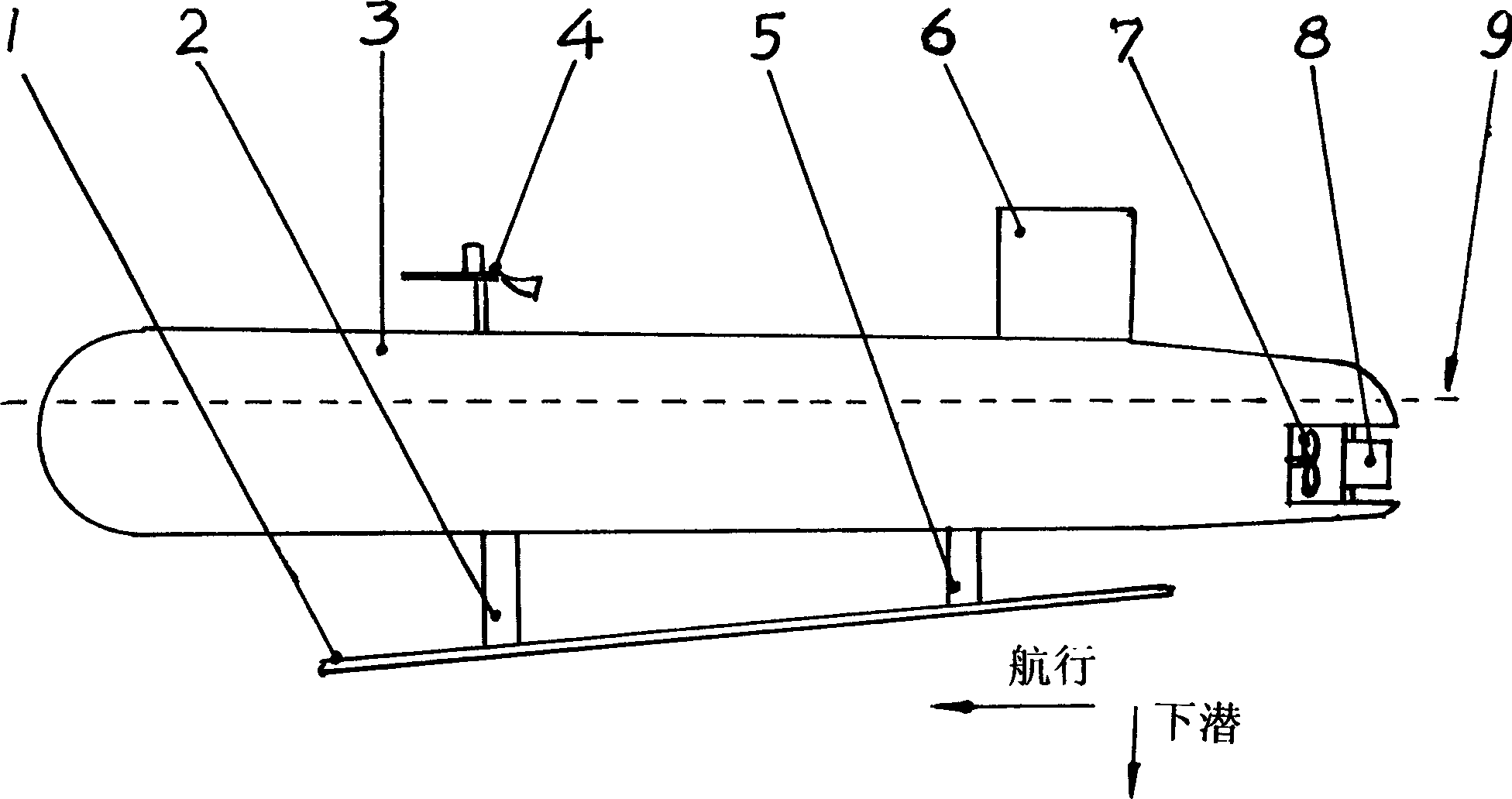 Auxiliary mechanism and method of forcing submarine to dive or lift fast