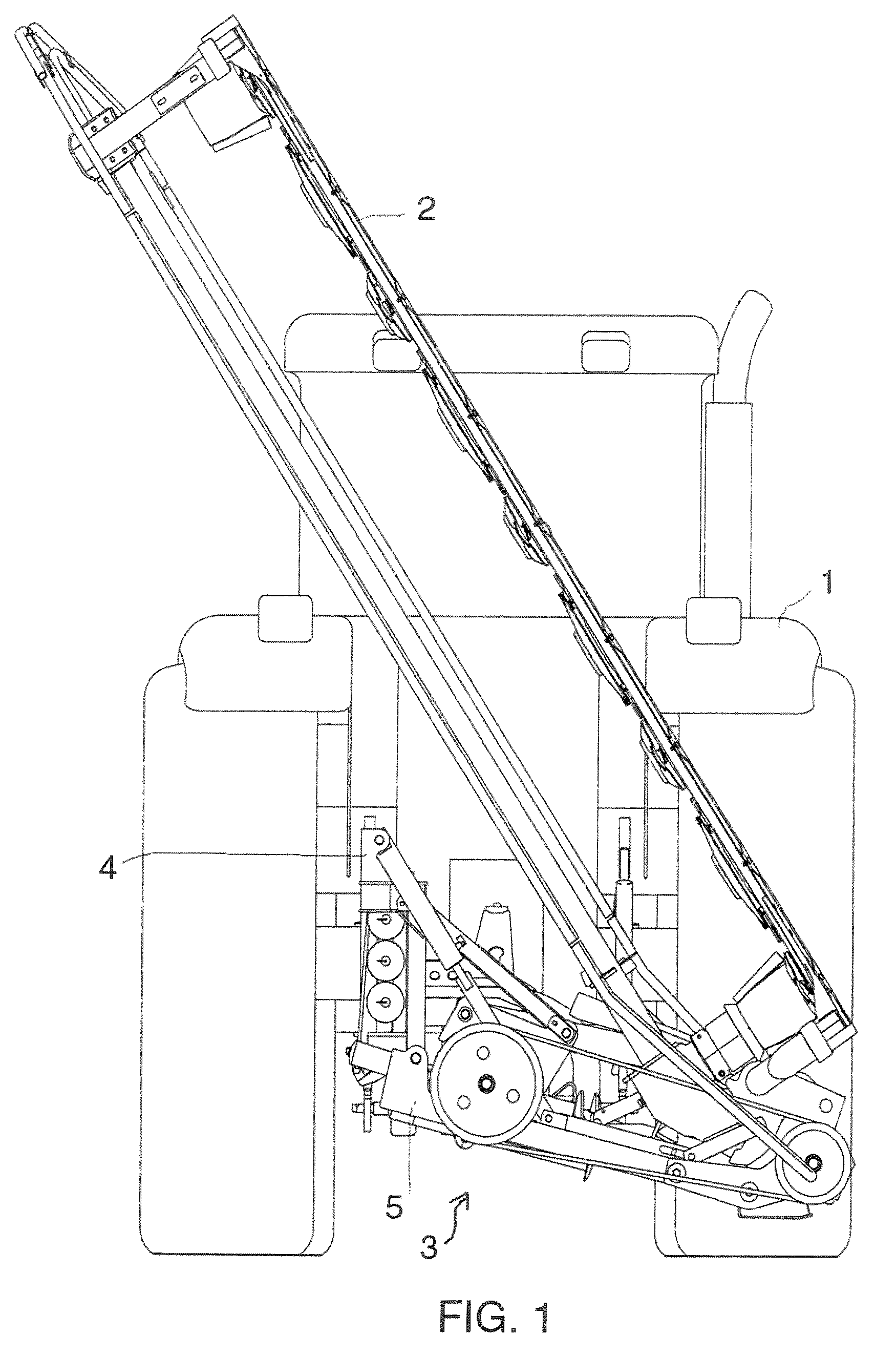 Mower with an unfolding and folding device that includes a tilting element, a link rod, and a hydraulic jack