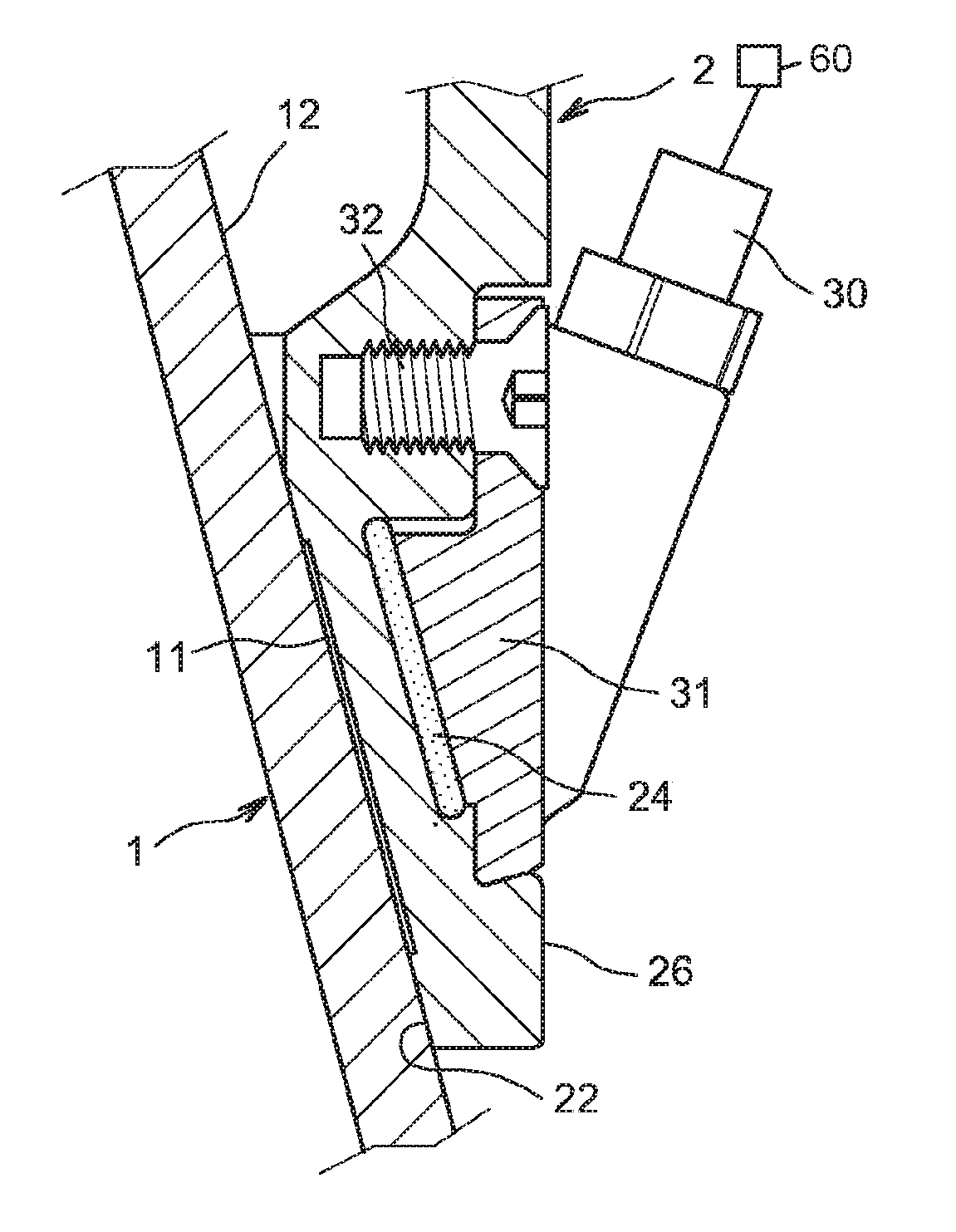 Method and device for linear connection and separation of two elements, with offset energy means