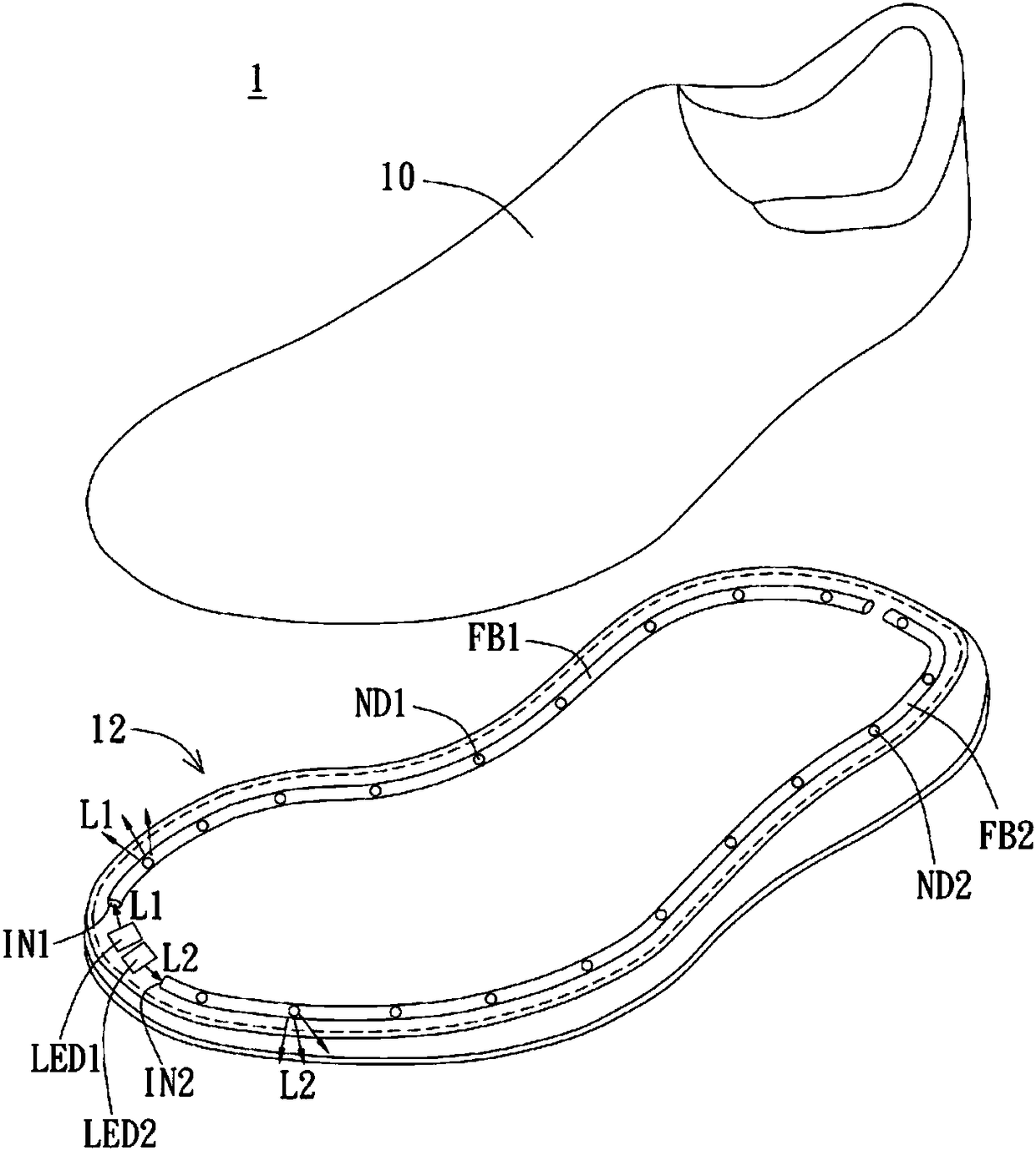 Light-emitting device applied to shoe product and running method of device