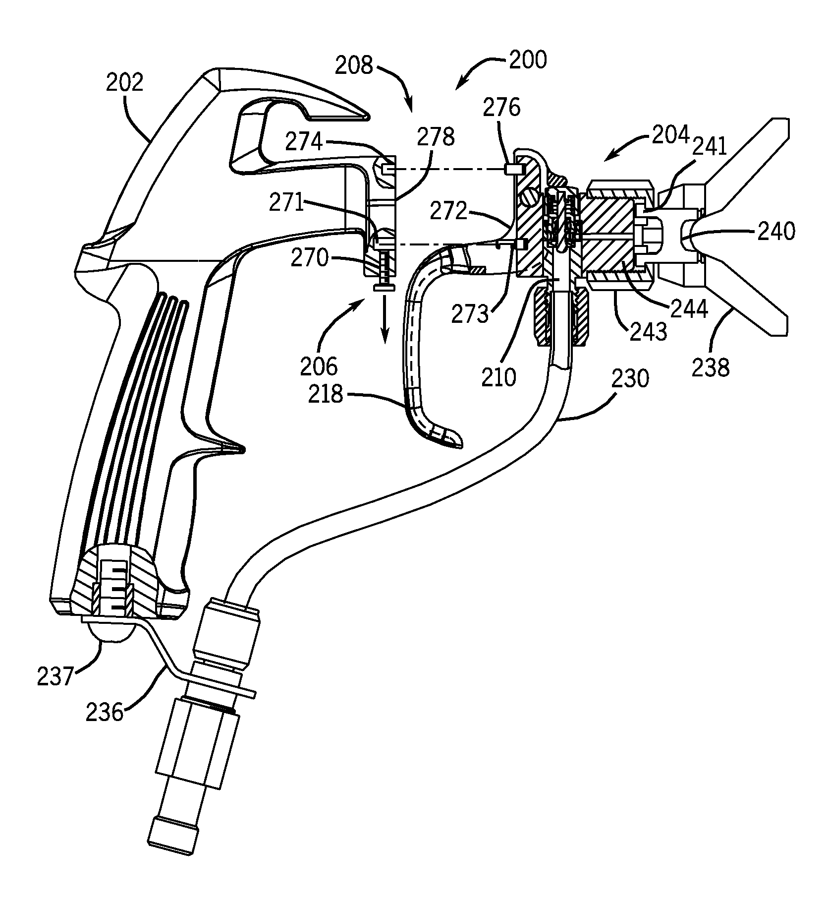 Airless spray gun having a removable valve cartridge and protective insert